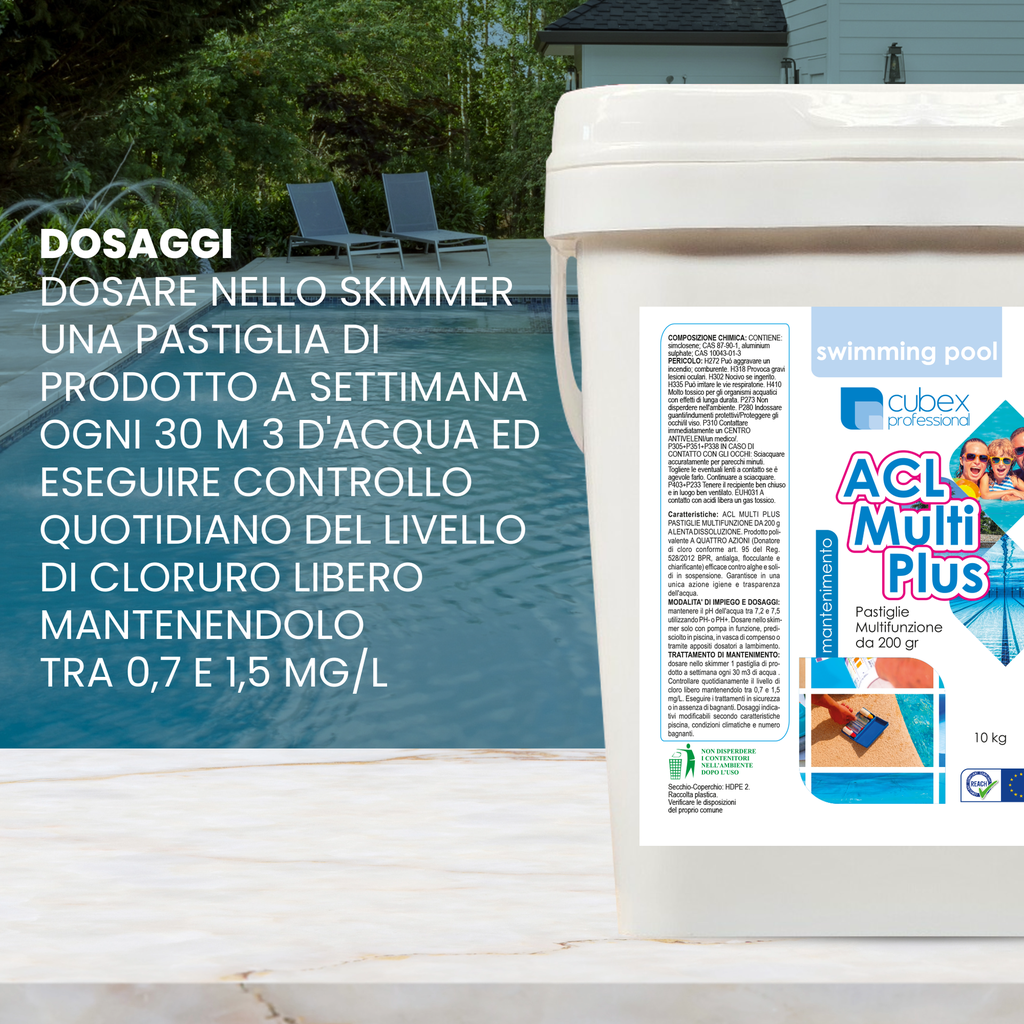 ACL MULTIPLUS Pastiglie multifunzione cloro pulizia acqua piscina secchielli 10 kg