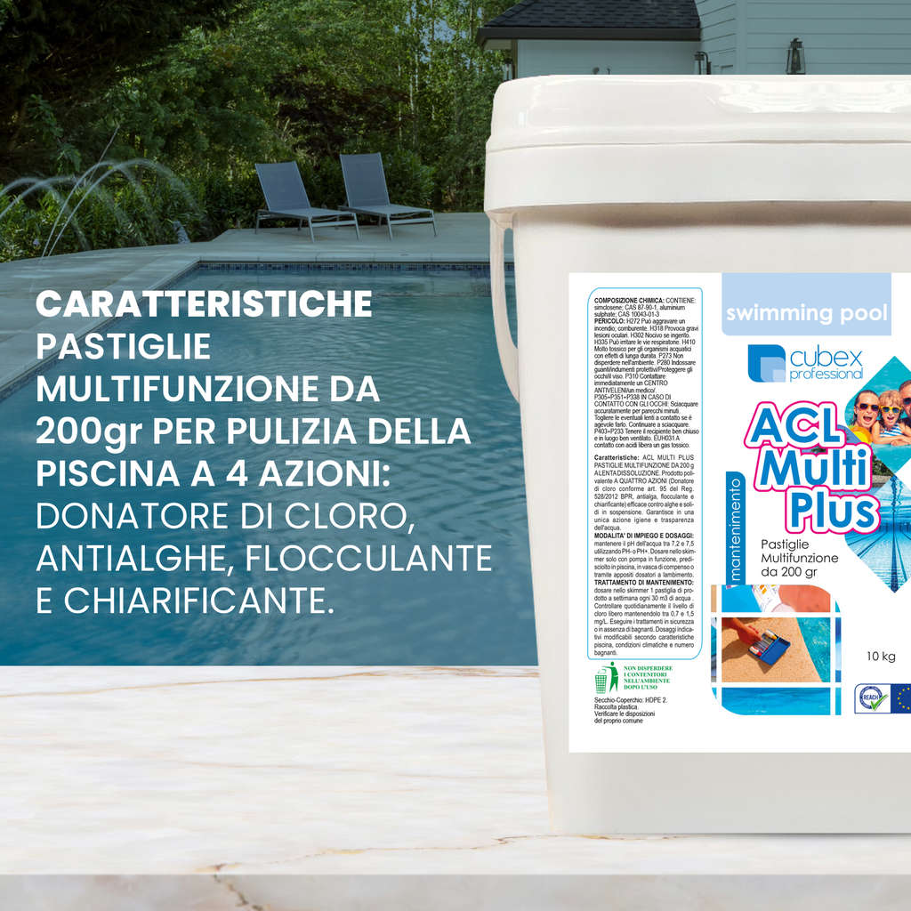 ACL MULTIPLUS Pastiglie multifunzione cloro pulizia acqua piscina secchielli 10 kg