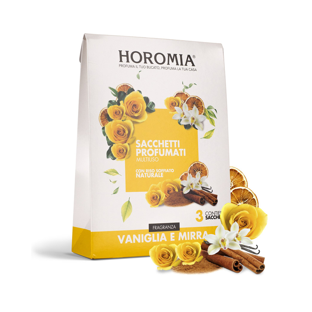 Horomia sacchetti profumati multiuso di riso soffiato - Fragranza vaniglia e mirra (3pz/cf) 