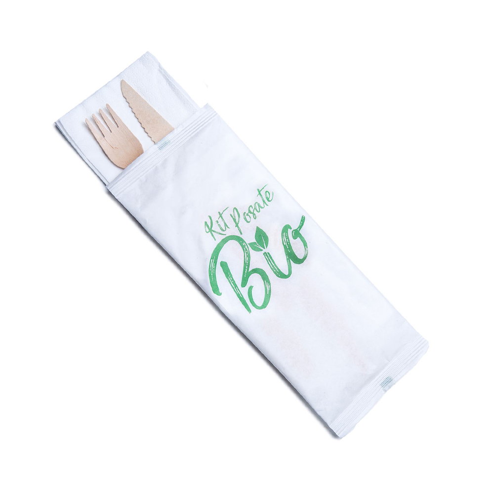 90223 Bis posate imbustate in carta: forchetta e coltello in legno + tovagliolo 33x33 cm