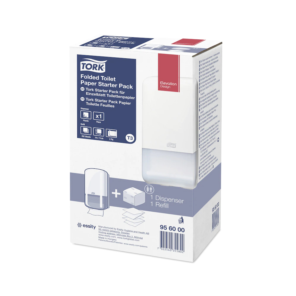 956000 Starter Pack dispenser singolo per carta igienica intercalata + ricarica da 252 pezzi Tork (Sistema:T3)