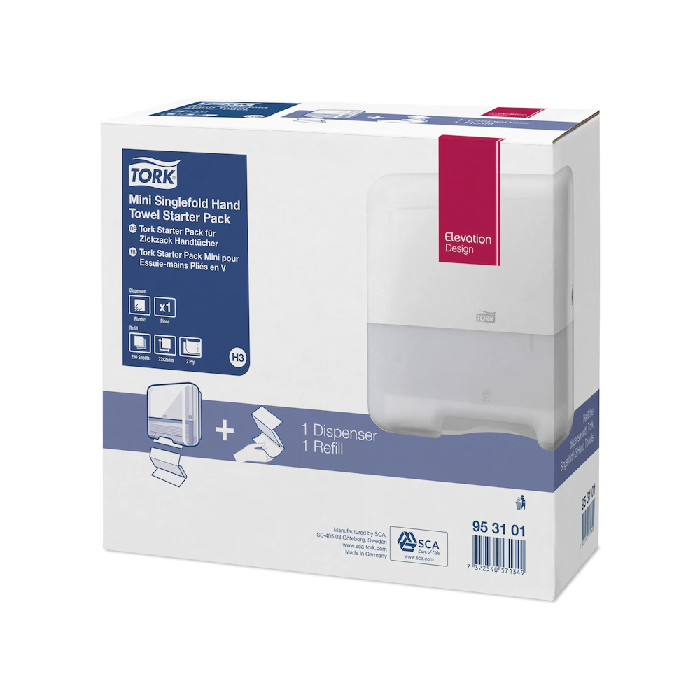953101 Starter Pack dispenser Mini per asciugamani piegati a V + ricarica da 250 pezzi Tork (Sistema:H3)