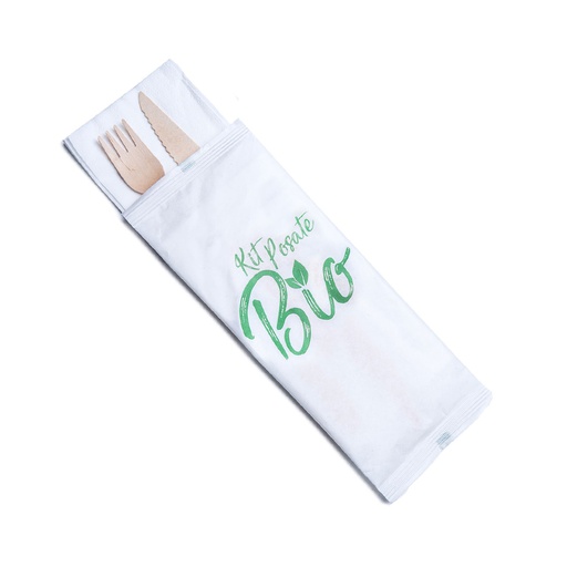 [WBIO001] 90223 Bis posate imbustate in carta: forchetta e coltello in legno + tovagliolo 33x33 cm